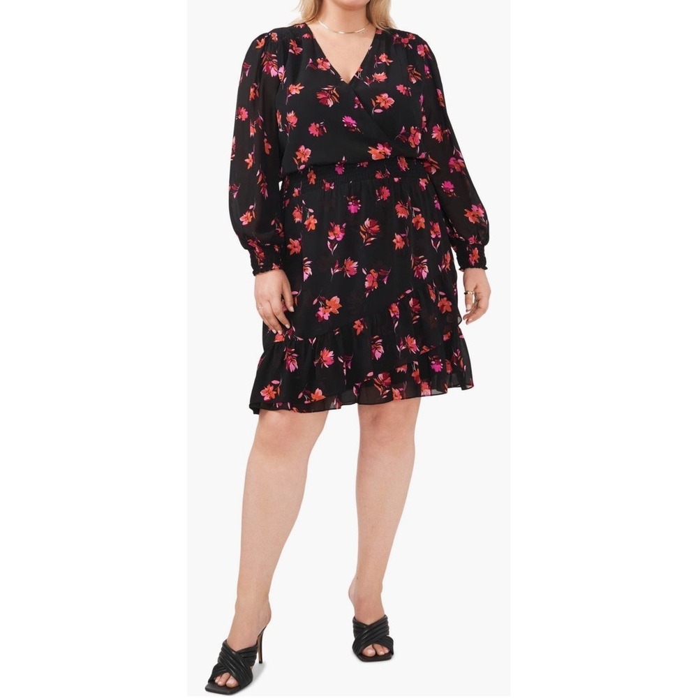 Vince Camuto Smocked Floral Print Ruffle Long Sleeve Mini dress Plus Size 3x NWT